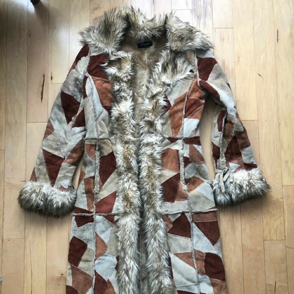 Topshop fur patchwork 70's shearling coat sz 8